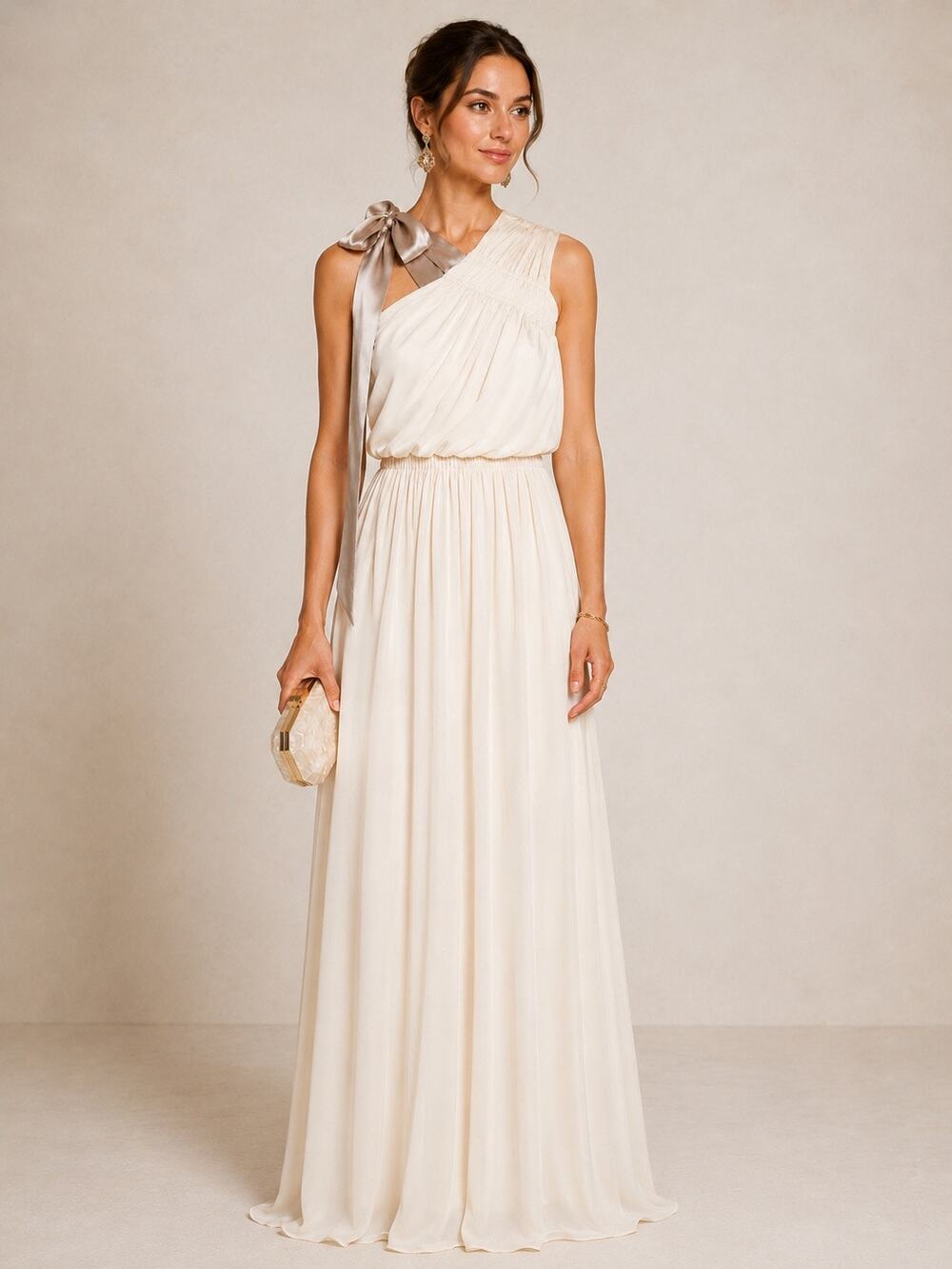Needle & Thread Ivory Grecian One Shoulder Satin Maxi Gown Taupe Bow US 8